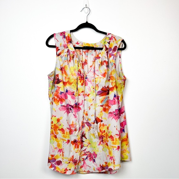Rose & Olive Tops - Rose & Olive Short Sleeve V-Neck Whit Blouse with Red Yellow Pink Floral Pattern